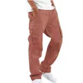 Casual men's brick red multi-pocket cargo pants featuring an adjustable drawstring hem - S / Bottoms / Watermelon red