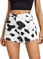 Detailansicht der Damen-Jeans-Shorts mit Kuh-Print, hoher Taille und offenem Saum - XS / Bottoms / Schwarz Weiß
