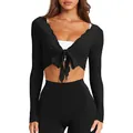 Top court noir chic à manches longues en tricot avec col en V et nœud frontal élégant - XS / Tops / Noir