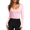 Crop top en maille rose à col en V, manches longues et bords ondulés pour la mode femme - XS / Tops / Rose