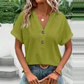 Detailed view of women's casual V-neck T-shirt with green eyelet fabric and buttons - Matcha Green