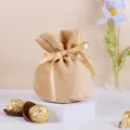 Elegant beige velvet drawstring gift bag with a gold satin ribbon bow for weddings - Yellow Ribbon Style / Cloth Bag (without The "double Happiness" Character Accessory)