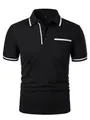 Men's black short sleeve polo shirt featuring white contrast trim on collar and chest pocket - S / Tops / Black