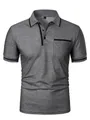 Men's short sleeve grey casual polo shirt featuring black trim pocket and collar detailing - S / Tops / Dark Gray