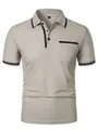 Men's casual short sleeve polo shirt in tan with black contrast trim and chest pocket - S / Tops / Light Gray