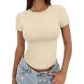 T-shirt da donna beige slim fit a girocollo in morbido tessuto di seta di latte - Albicocca / XS