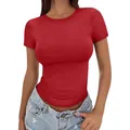 T-shirt da donna slim fit rossa a maniche corte con girocollo in tessuto di seta di latte - Rosso / XS