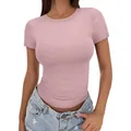 Pink slim-fit crew neck short sleeve T-shirt for women in milk silk fabric - XS / Tops / Lotus Pink