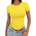 Trendy slim fit women's short sleeve T-shirt in bright yellow milk silk fabric - XS / Tops / Yellow