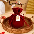 Elegant red velvet drawstring favor bag with Double Happiness tag for weddings - With Double Happiness And Tag / Burgundy