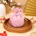 Elegant round pink velvet drawstring bag with pink ribbon bow for wedding gift favors - Basic Bag / Pink