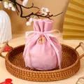Elegant pink velvet drawstring wedding candy bag with gold Double Happiness charm. - With Double Happiness Pendant / Pink