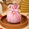 Pink velvet drawstring wedding favor bag with gold double happiness charm and ribbon - With Double Happiness Pendant And Pearl / Pink