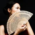 Elegant natural wood folding fan with intricate hollow-carved floral pattern design - Natural Full Hollow