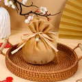 Elegant golden velvet drawstring gift bag with silk ribbon and pearl charm for wedding favors - With Pearl Decoration / Champagne