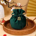 Elegant dark green velvet drawstring wedding candy bag with gold Double Happiness charm - With Double Happiness Pendant / Dark Green