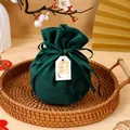 Dark green velvet drawstring wedding candy gift pouch with gold Double Happiness tag - With Double Happiness And Tag / Dark Green