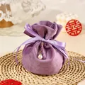 Elegant purple velvet drawstring gift bag with ribbon and pearl - With Pearl Decoration / Purple