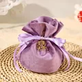 Elegant purple velvet drawstring wedding favor bag with golden double happiness charm - With Double Happiness Pendant / Purple