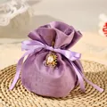 Elegant purple velvet drawstring gift pouch for wedding favors with pearl charm - With Double Happiness Pendant And Pearl / Purple