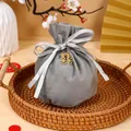 Elegant gray velvet drawstring gift favor bag with gold Double Happiness charm for wedding - With Double Happiness Pendant / Gray