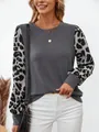 Modisches graues Langarm-T-Shirt mit Rundhalsausschnitt und Puffärmeln im Leopardenmuster für Damen - S / Tops / Grau