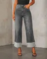 Detail view of gray high-waisted straight jeans with stylish wide rolled cuffs design. - S / Bottoms / Gray