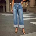 Stylish women's blue high-waist stretch straight-leg jeans with retro cuffed hem - S / Bottoms / Dark Blue