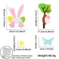 Detaillierte Maße und Komponenten des DIY Osterhasen-Filz-Türaufkleber-Sets für Ostern - Hase Baum Schleife Stil