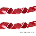 Rotes, drahtverstärktes Weihnachtsband aus Leinenimitat mit Rentier- und Baummotiven, 7 cm breit - Rot mit weißem Rand / 2m Länge