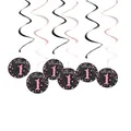 Pink and black 1st birthday party hanging swirl decorations with Hello 1 cards - Rose Red 1st Birthday Style / Set of 6