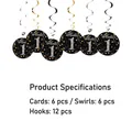 Black and gold first birthday party hanging swirls decoration set with 6 printed cards - Black 1st / 6pcs
