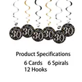 Set of 6 black gold and silver 30th birthday celebration hanging swirl party decorations - Black 30 & Fabulous / 6pcs
