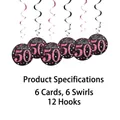 Pink and black 50th birthday hanging swirls set with Hello 50 glitter cards for party decor. - Rose Madder 50th / 6pcs