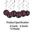 Pink and black 18th birthday hanging swirl decorations set with 6 cards and swirls - Rose Madder 18th / 6pcs