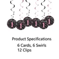 Birthday party hanging swirls decorations with pink 'Hello 1' round card set of six - Rose Madder 1st / 6pcs