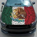 Detailed view of Mexican flag car hood cover showing 150x120cm dimensions on a car - Aztec Calendar Totem Style (YA0011) / 120*150CM