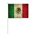 Detail shot of a 14x21cm Mexican handheld flag with vintage texture and gold top pole - Vintage Weathered Style (Style 7) / 14x21CM
