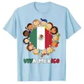 Lichtblauw Viva Mexico T-shirt met patriottische afbeelding en Mexicaanse vlag voor kids - XS / Tops / Hemelsblauw