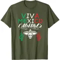 Olive green cotton T-shirt with Viva Mexico Cabrones skull and sombrero print - XS / Tops / Burgundy