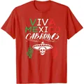 Red unisex cotton T-shirt featuring Viva Mexico Cabrones skull and sombrero graphic - XS / Tops / Khaki