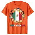 Vibrant orange Viva Mexico t-shirt featuring patriotic children and flag graphic design - XS / Tops / Orange