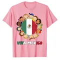 Pink Viva Mexico graphic t-shirt featuring children around the flag for Independence Day - XS / Tops / Pink