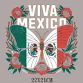 Mexican flag butterfly heat transfer patch with red roses for Independence Day, 22x21cm - Butterfly Red Rose Festival Style (DS1579)