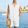 Full view of men's white sleeveless linen beach set worn in a sunny coastal resort setting - S / Top And Bottom / White