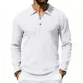 Close-up front view of men's white breathable linen long sleeve polo shirt showing fabric texture - S / Tops / White