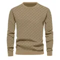 Close-up of heavy jacquard checkerboard pattern on men's khaki crewneck knit sweater. - S / Tops / Khaki