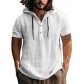High-quality detail of men's white linen short sleeve hooded shirt for summer leisure - S / Tops / White