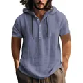 Close-up of men's casual cotton linen short sleeve hooded shirt with buttons and hood - S / Tops / Navy Blue