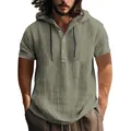 Détail d'une chemise à capuche en coton et lin pour hommes, vert olive, avec boutons - S / Hauts / Vert Militaire